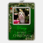 最初のクリスマス ペット フォト 記念品、緑の装飾 - シルバープレートフレームオーナメント (正面)