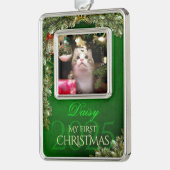 最初のクリスマス ペット フォト 記念品、緑の装飾 - シルバープレートフレームオーナメント (左)