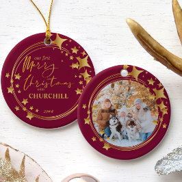 最初のクリスマス ペット 写真 赤と金色の星 セラミックオーナメント