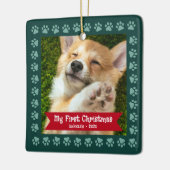 最初のクリスマス　ペット　子犬　写真　肉球　緑　カスタム セラミックオーナメント (左)
