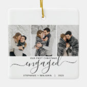 最初のクリスマス 婚約記念 3枚の写真の コラージュ 灰色のスクリプト セラミックオーナメント (正面)