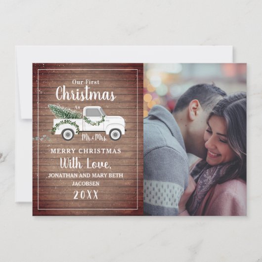 最初のクリスマス 結婚した夫婦 トラック 木の写真 シーズンカード (正面)