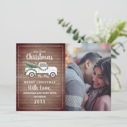 最初のクリスマス 結婚した夫婦 トラック 木の写真 シーズンカード (スタンド正面)