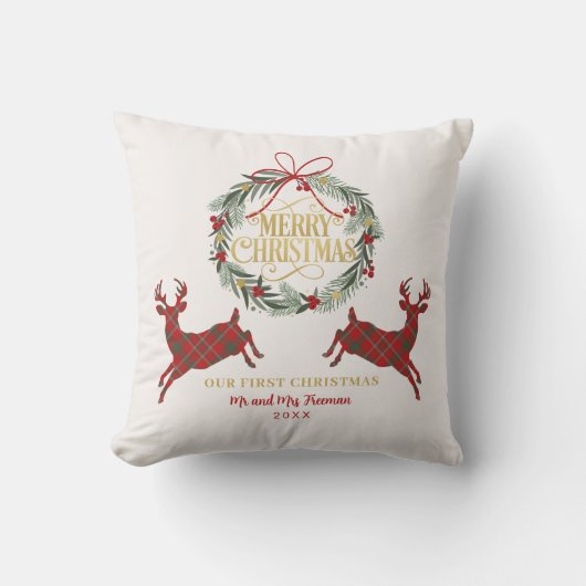最初のクリスマス　赤い格子の枕　夫婦 クッション (正面)