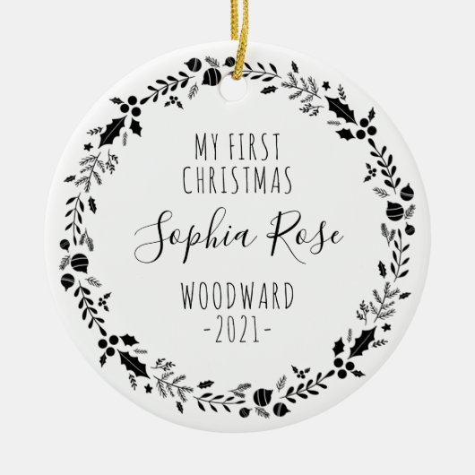 最初のクリスマス 赤ちゃん フォト 白黒 セラミックオーナメント (正面)