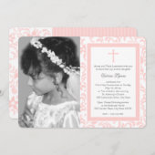 最初のコミュニオンピンクフローラと写真 招待状 (正面/裏面)