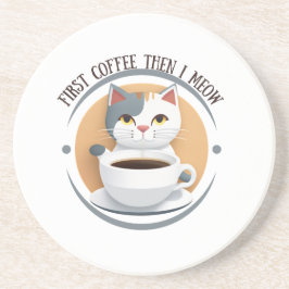 最初のコーヒーは可愛い猫の砂岩 コースター