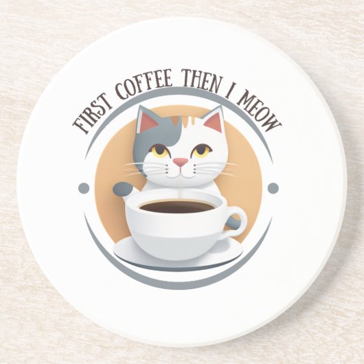 最初のコーヒーは可愛い猫の砂岩 コースター (正面)