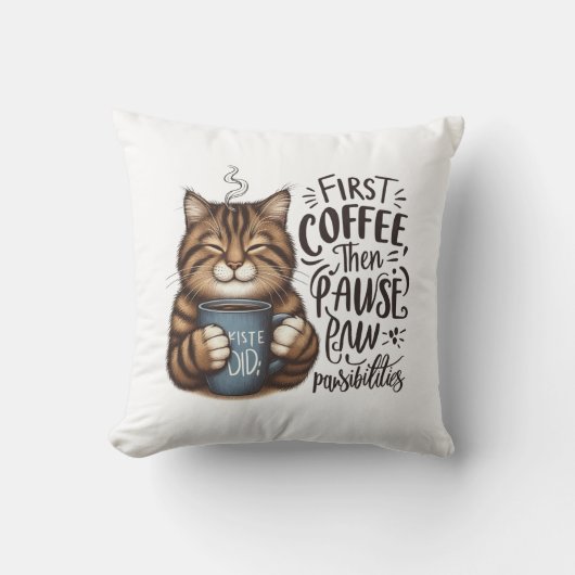 最初のコーヒー、次にポーシティー猫好き クッション (正面)