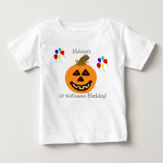 最初のハロウィン誕生日 パンプキン風船 名前入り ベビーTシャツ (正面)