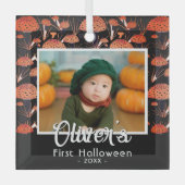 最初のハロウィン オレンジきのこ 秋の写真 ガラスオーナメント (正面)