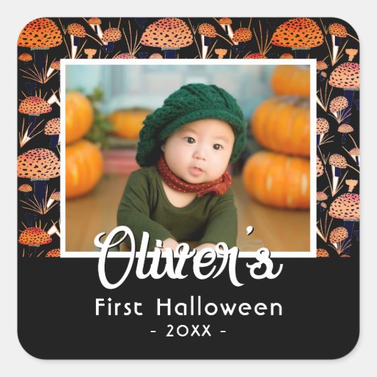 最初のハロウィーンオレンジのキノコ秋写真 スクエアシール (正面)