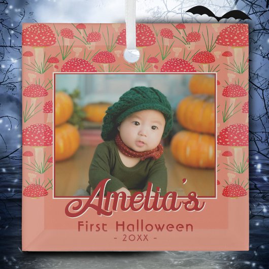 最初のハロウィーンレッドキノコ秋写真 ガラスオーナメント