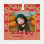 最初のハロウィーンレッドキノコ秋写真 ガラスオーナメント (裏面)