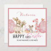 最初のパーソナライズされたイースターカード、バニー、2つの卵ピンク シーズンカード (正面/裏面)