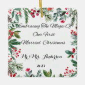 最初のパーソナライズされたクリ結婚したスマス装飾 セラミックオーナメント (正面)