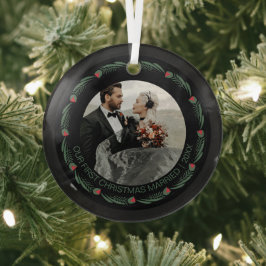 最初のパーソナライズされたク結婚したリスマス写真 ガラスオーナメント