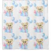 最初のパーソナライズされた誕生日テディベアボーイ シャワーカーテン (正面)