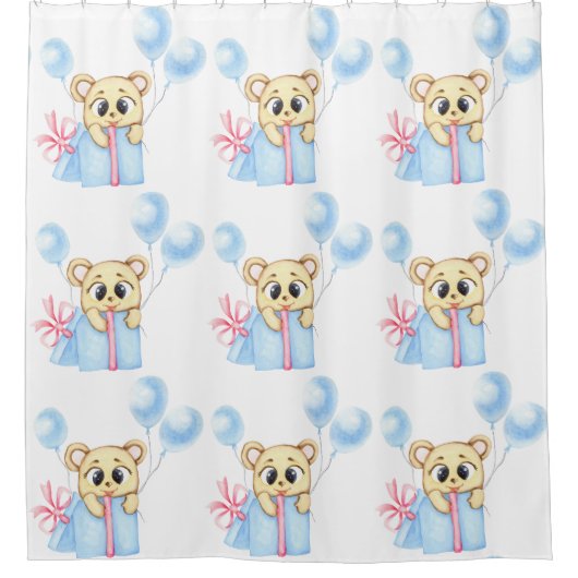 最初のパーソナライズされた誕生日テディベアボーイ シャワーカーテン (正面)