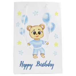 最初のパーソナライズされた誕生日テディベアボーイ ミディアムペーパーバッグ