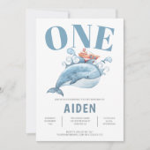 最初のパーソナライズされた誕生日パーティーブルークジラ 招待状 (正面)