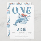 最初のパーソナライズされた誕生日パーティーブルークジラ 招待状 (正面/裏面)