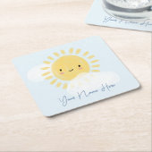 最初のパーソナライズされた誕生日ベイビーシャワーサンシャイン スクエアペーパーコースター (アングル)