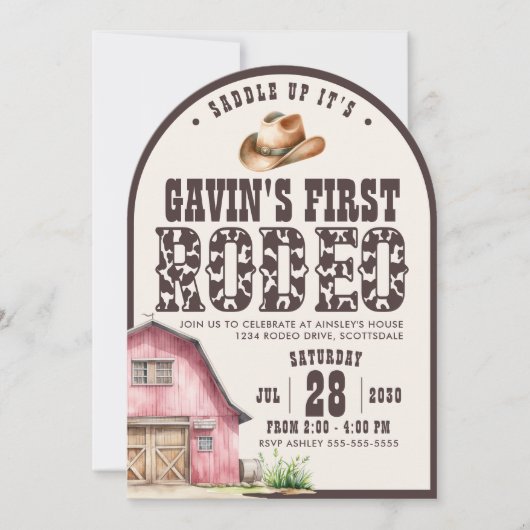 最初のパーソナライズされたRodeo Arched最初の誕生日パーティー 招待状 (正面)