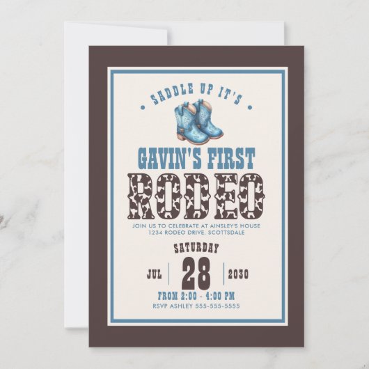 最初のパーソナライズされたRodeo Blue Boys 1st誕生日 招待状 (正面)