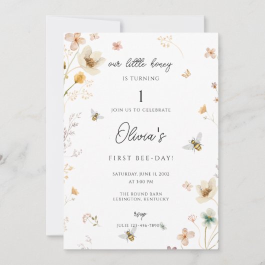 最初のビー誕生日、私たちの小さな蜂蜜は1つ 招待状 (正面)