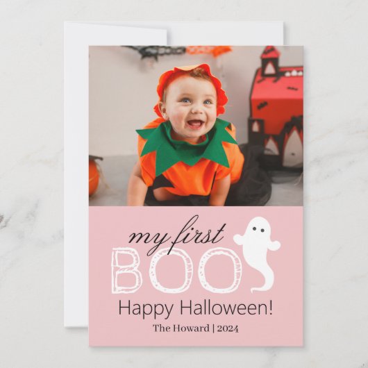 最初のブー！可愛不気味いハロウィンの家族の写真 シーズンカード (正面)