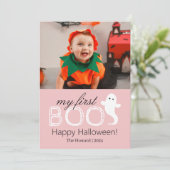 最初のブー!可愛不気味いハロウィンの家族の写真 シーズンカード (スタンド正面)