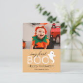 最初のブー！可愛不気味いハロウィンの家族の写真 シーズンポストカード (スタンド正面)