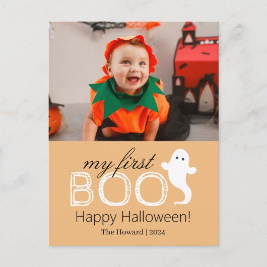 最初のブー！可愛不気味いハロウィンの家族の写真 シーズンポストカード (正面)