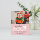 最初のブー！可愛不気味いハロウィンの家族の写真 シーズンポストカード (スタンド正面)
