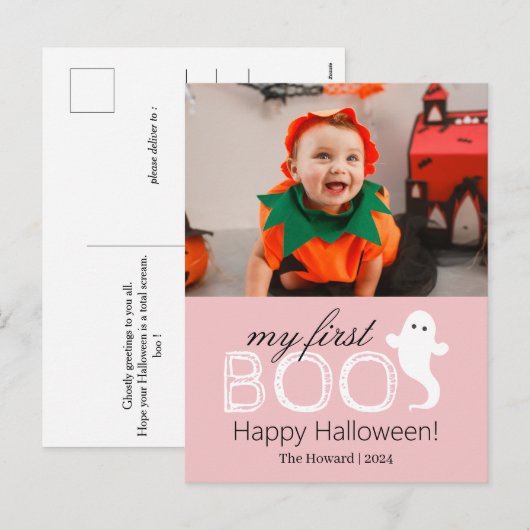最初のブー！可愛不気味いハロウィンの家族の写真 シーズンポストカード (正面/裏面)