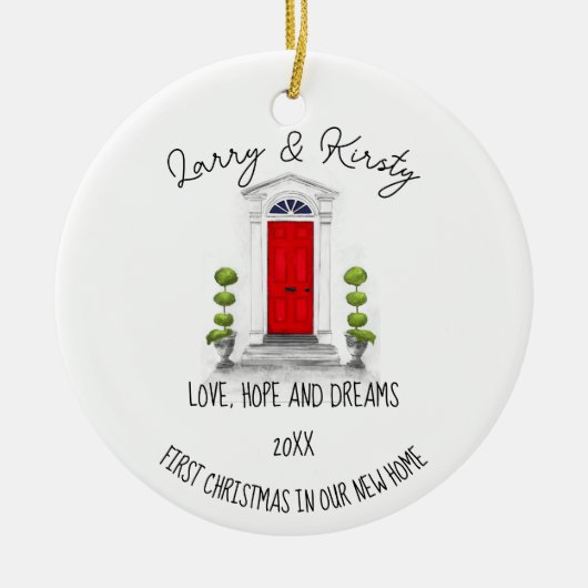 最初のホーム名の編集可能メッセージ セラミックオーナメント (正面)