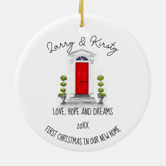 最初のホーム名の編集可能メッセージ セラミックオーナメント (裏面)