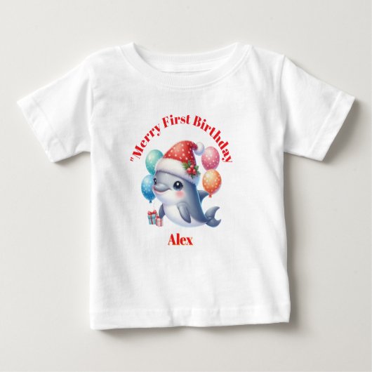 最初のメリー誕生日クリスマスベビーギフト ベビーTシャツ (正面)