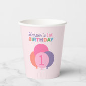 最初のモダン誕生日ガールピンク紫バルーンPa 紙コップ (正面)