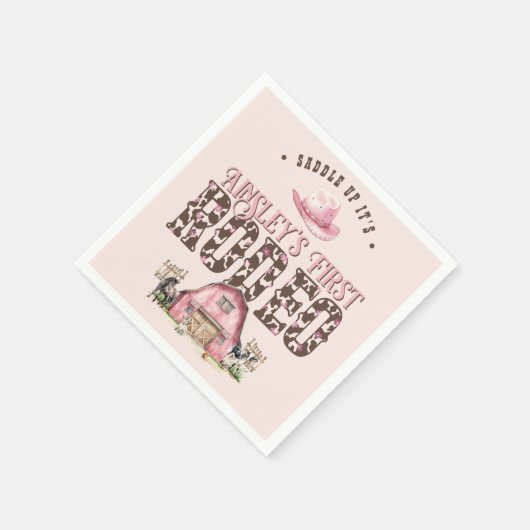 最初のロデオかわいいピンクパーソナライズされた色の誕生日 スタンダードカクテルナプキン (角)