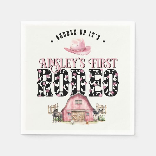 最初のロデオかわいいピンクパーソナライズされた色の誕生日 スタンダードカクテルナプキン (正面)
