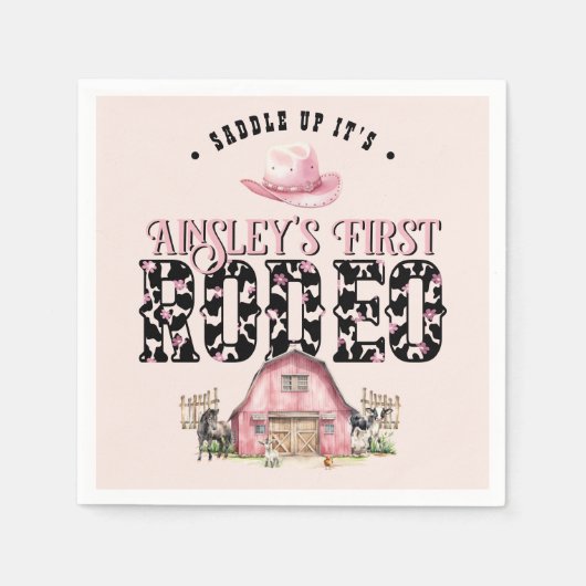 最初のロデオかわいいピンクパーソナライズされた色の誕生日 スタンダードカクテルナプキン (正面)