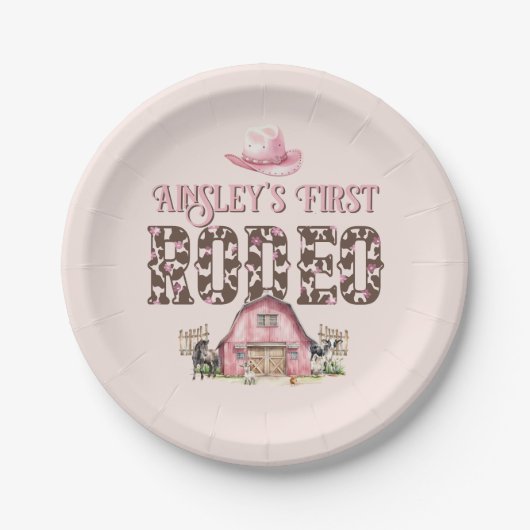 最初のロデオかわいいピンクパーソナライズされた色の誕生日 ペーパープレート (正面)