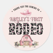 最初のロデオかわいいピンクパーソナライズされた色の誕生日 ラウンドシール (正面)