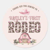 最初のロデオかわいいピンクパーソナライズされた色の誕生日 ラウンドシール (正面)