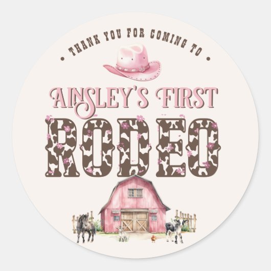 最初のロデオかわいいピンクパーソナライズされた色の誕生日 ラウンドシール (正面)