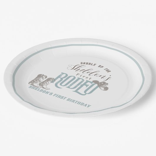 最初のロデオカウボーイウェスタンブルー1番目の誕生日 ペーパープレート (アングル)