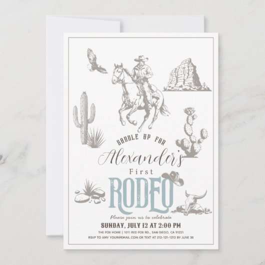 最初のロデオカウボーイウェスタンブルー1番目の誕生日 招待状 (正面)