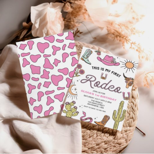 最初のロデオピンクウェスタンの誕生日 招待状